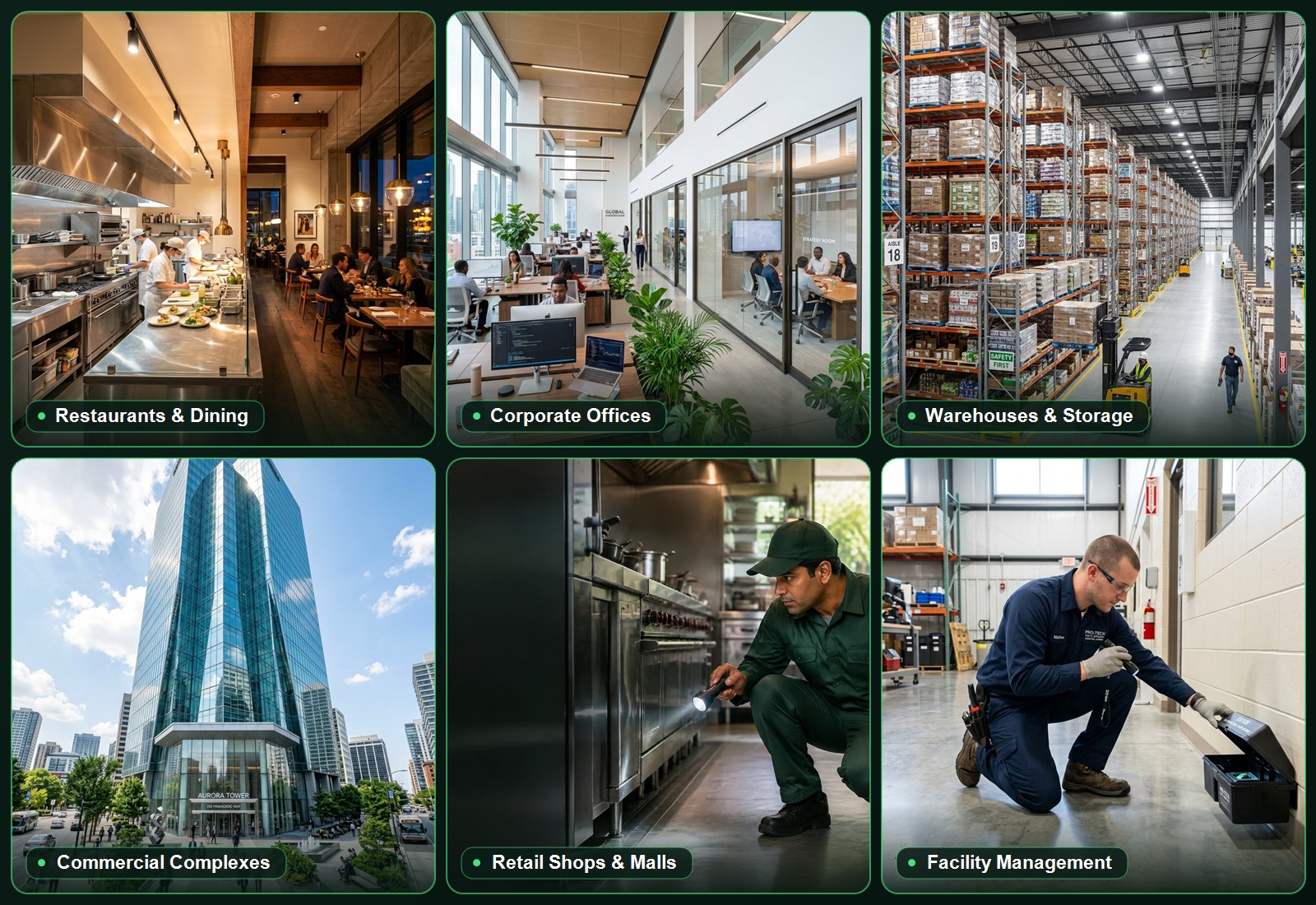Commercial pest management for restaurants, offices, warehouses, buildings, shops, and facilities