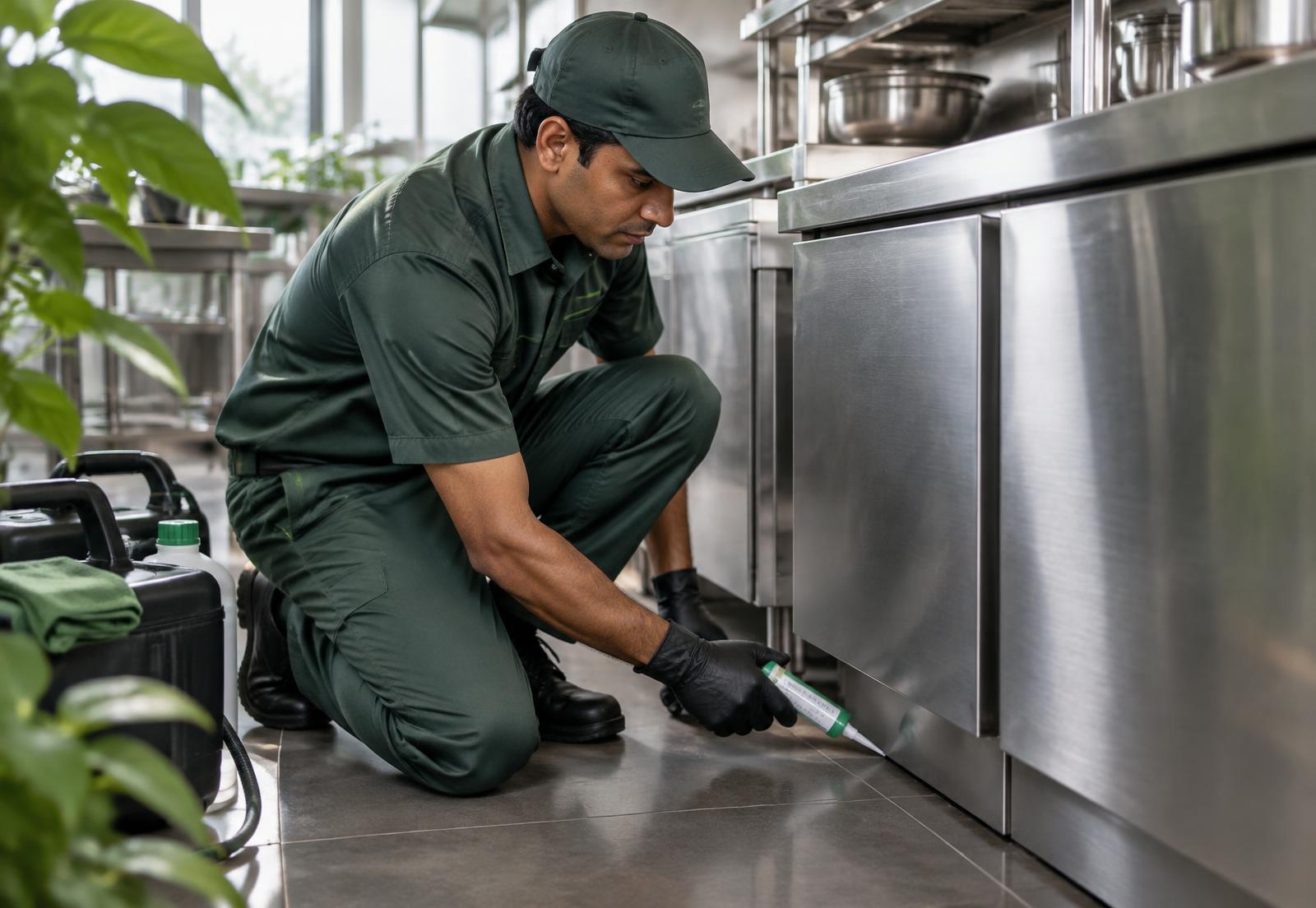 Technician applying targeted gel treatment in a modern commercial kitchen